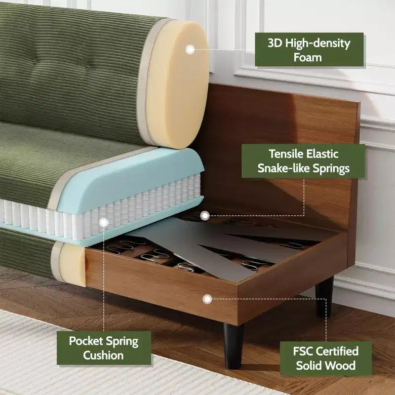 Dyonery 50 Canapé deux places en velours côtelé beige avec cadre en bois massif pour salon, petit canapé confortable avec assise profonde et coussin à ressorts, assemblage sans outils