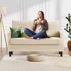 Dyonery 50 Canapé deux places en velours côtelé beige avec cadre en bois massif pour salon, petit canapé confortable avec assise profonde et coussin à ressorts, assemblage sans outils
