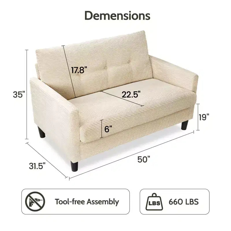 Dyonery 50 Canapé deux places en velours côtelé beige avec cadre en bois massif pour salon, petit canapé confortable avec assise profonde et coussin à ressorts, assemblage sans outils