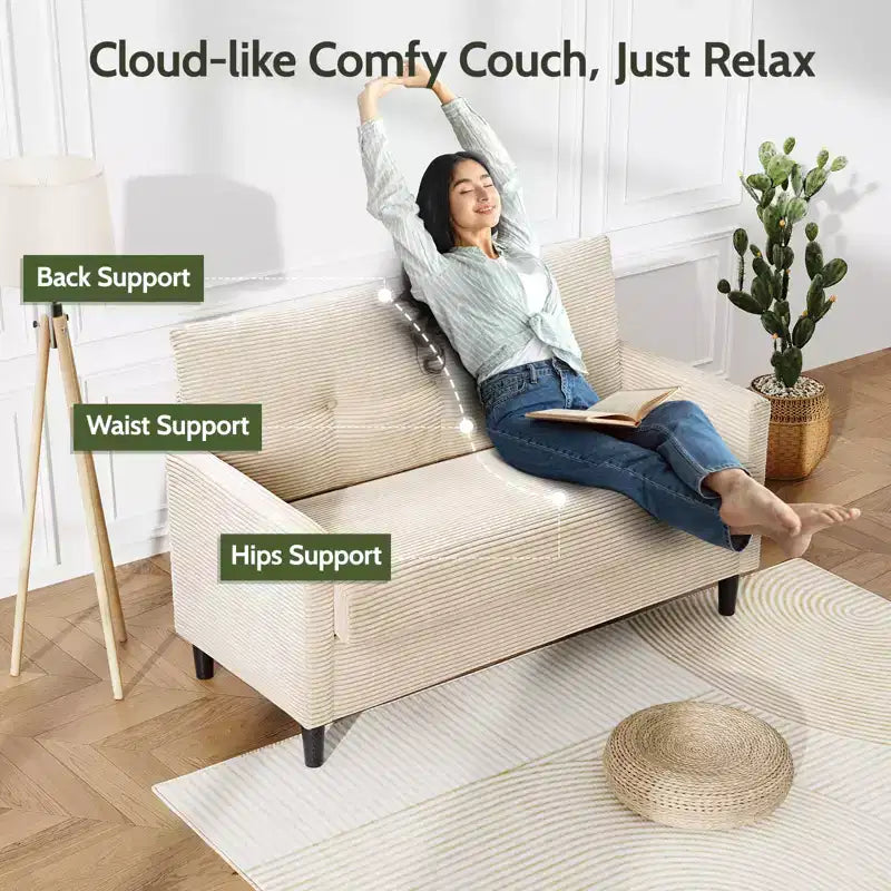 Dyonery 50 Canapé deux places en velours côtelé beige avec cadre en bois massif pour salon, petit canapé confortable avec assise profonde et coussin à ressorts, assemblage sans outils