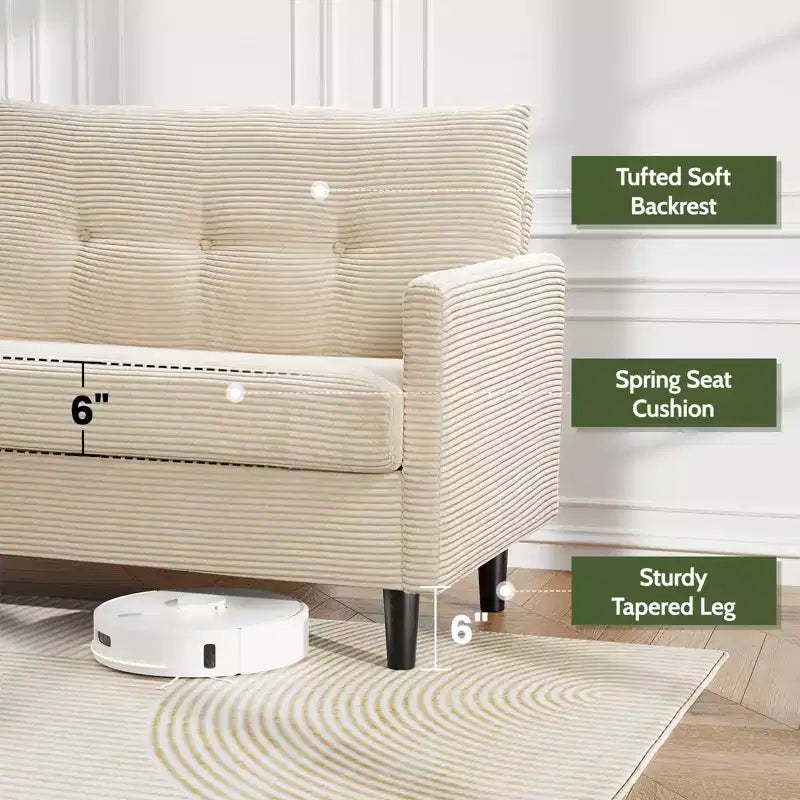 Dyonery 50 Canapé deux places en velours côtelé beige avec cadre en bois massif pour salon, petit canapé confortable avec assise profonde et coussin à ressorts, assemblage sans outils