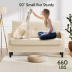 Dyonery 50 Canapé deux places en velours côtelé beige avec cadre en bois massif pour salon, petit canapé confortable avec assise profonde et coussin à ressorts, assemblage sans outils