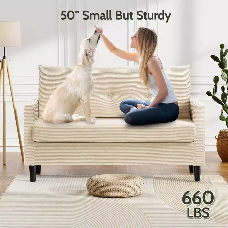 Dyonery 50 Canapé deux places en velours côtelé beige avec cadre en bois massif pour salon, petit canapé confortable avec assise profonde et coussin à ressorts, assemblage sans outils