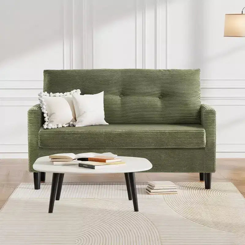 Dyonery 50 Canapé deux places en velours côtelé beige avec cadre en bois massif pour salon, petit canapé confortable avec assise profonde et coussin à ressorts, assemblage sans outils