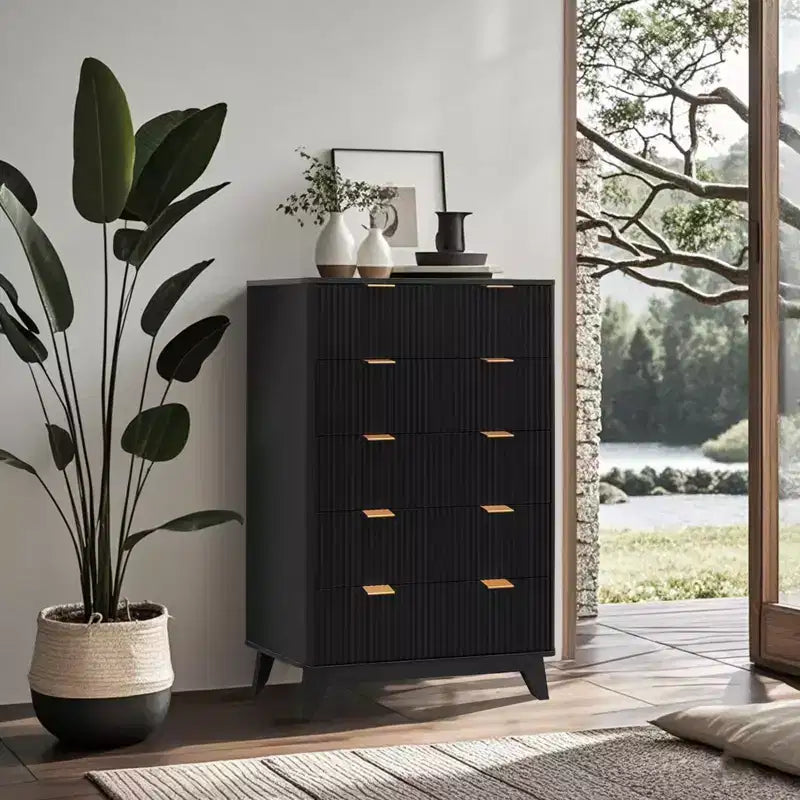 Commode 5 tiroirs cannelée, commode haute et moderne de 120 cm, design à profil incurvé, organiseur de tiroirs en bois