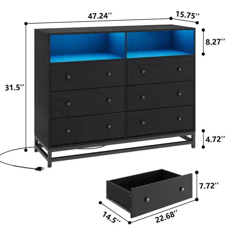 Commode de chambre Zstar 47,2 po à 6 tiroirs avec lumières DEL et station de charge