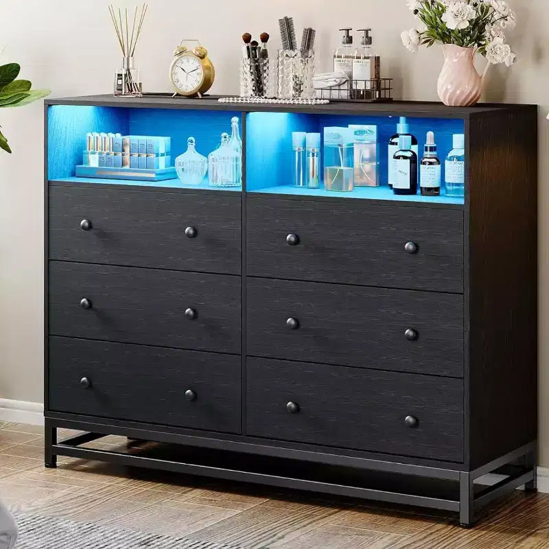 Commode de chambre Zstar 47,2 po à 6 tiroirs avec lumières DEL et station de charge