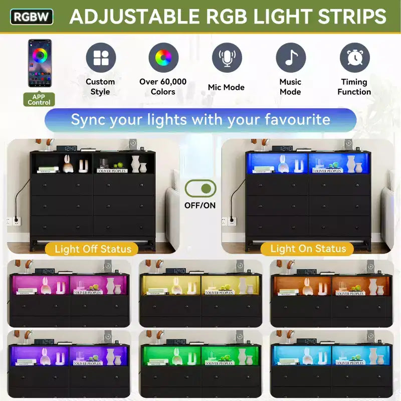 Commode de chambre Zstar 47,2 po à 6 tiroirs avec lumières DEL et station de charge