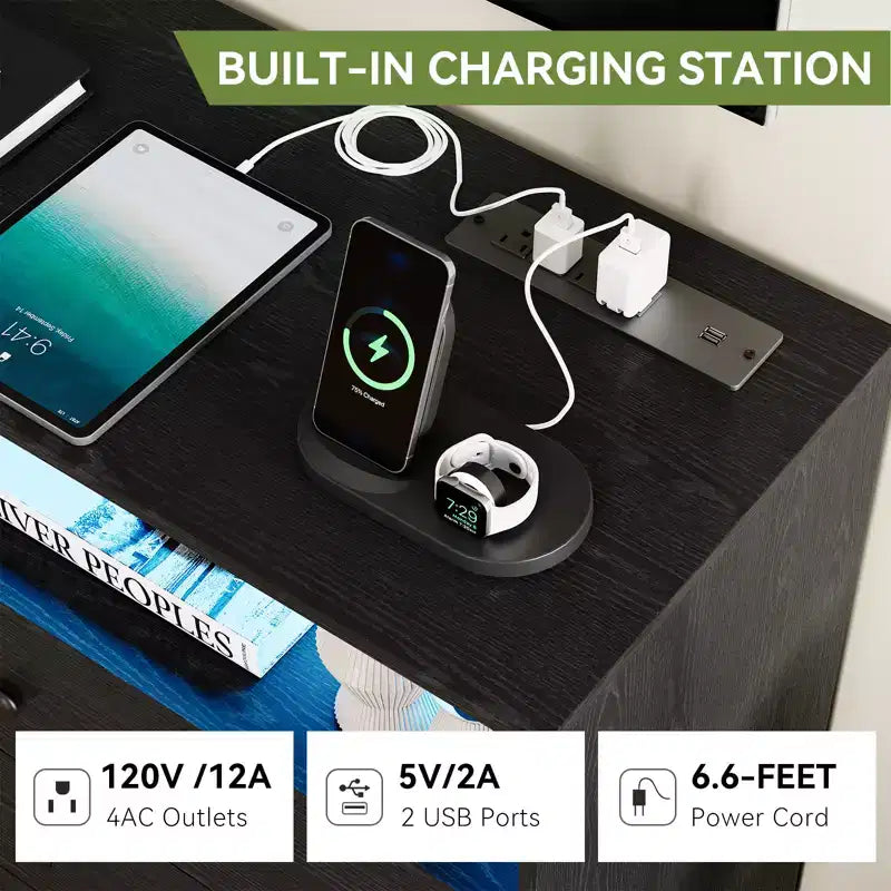 Commode de chambre Zstar 47,2 po à 6 tiroirs avec lumières DEL et station de charge