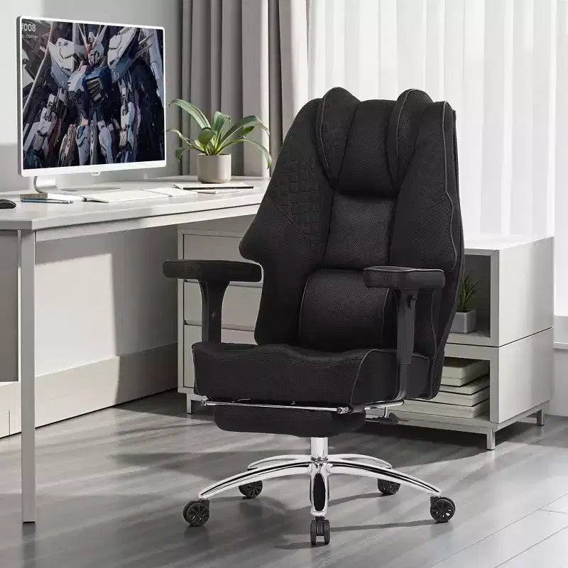 Chaise de bureau ergonomique VECELO avec repose-pieds et accoudoirs, chaise réglable en hauteur avec soutien lombaire et cervical, noire