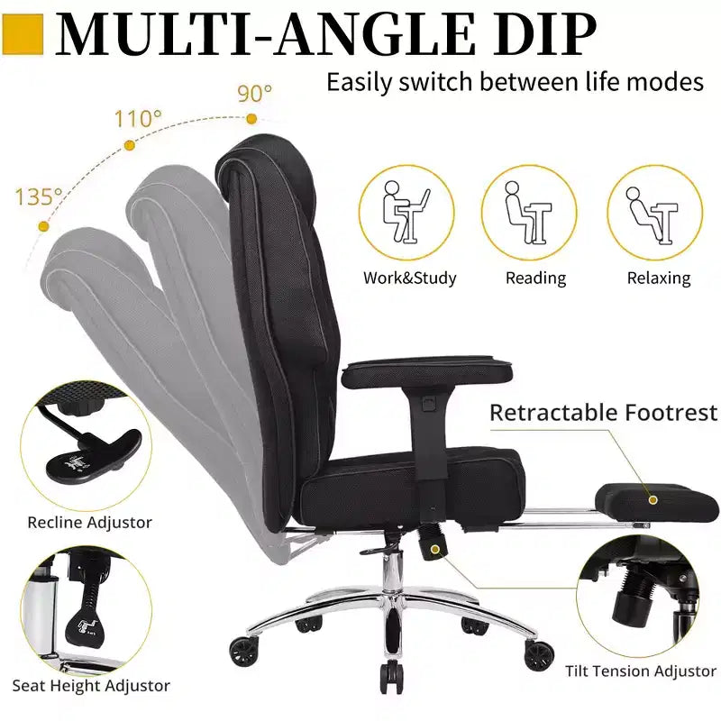 Chaise de bureau ergonomique VECELO avec repose-pieds et accoudoirs, chaise réglable en hauteur avec soutien lombaire et cervical, noire