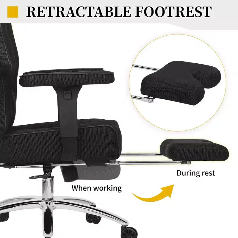 Chaise de bureau ergonomique VECELO avec repose-pieds et accoudoirs, chaise réglable en hauteur avec soutien lombaire et cervical, noire