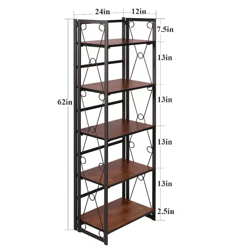 Étagère pliable VECELO, bibliothèque pliable à 5 niveaux, étagère de rangement industrielle en métal pour salon ou chambre, marron