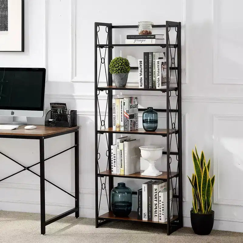 Étagère pliable VECELO, bibliothèque pliable à 5 niveaux, étagère de rangement industrielle en métal pour salon ou chambre, marron