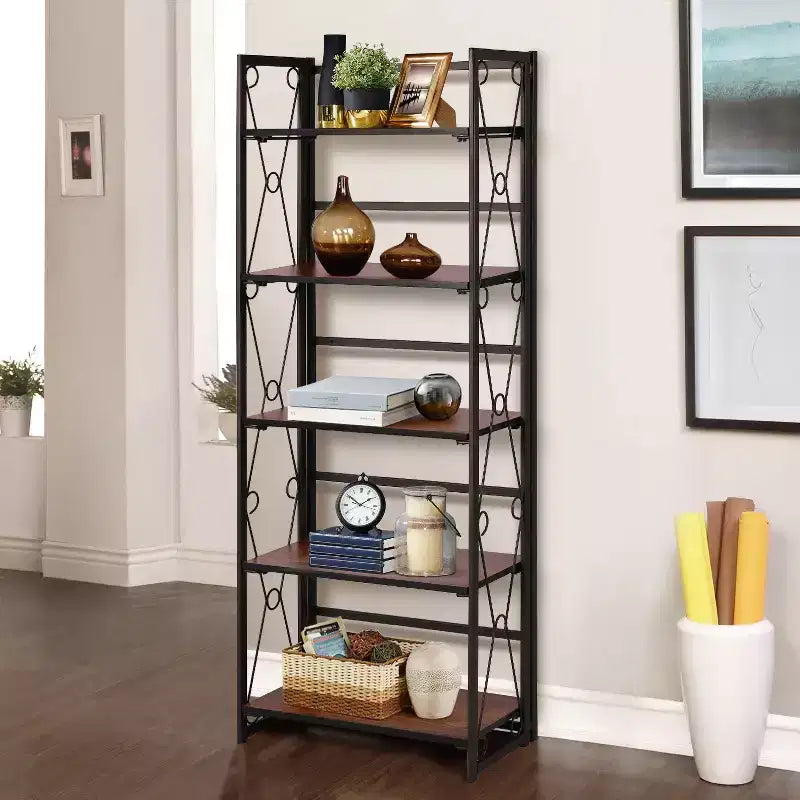 Étagère pliable VECELO, bibliothèque pliable à 5 niveaux, étagère de rangement industrielle en métal pour salon ou chambre, marron