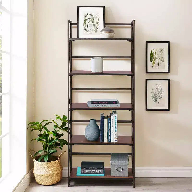 Étagère pliable VECELO, bibliothèque pliable à 5 niveaux, étagère de rangement industrielle en métal pour salon ou chambre, marron