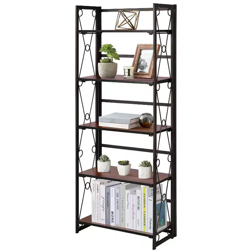 Étagère pliable VECELO, bibliothèque pliable à 5 niveaux, étagère de rangement industrielle en métal pour salon ou chambre, marron