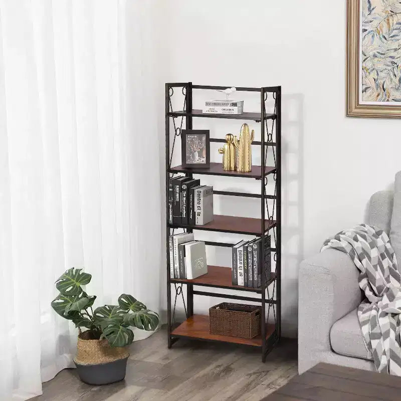 Étagère pliable VECELO, bibliothèque pliable à 5 niveaux, étagère de rangement industrielle en métal pour salon ou chambre, marron