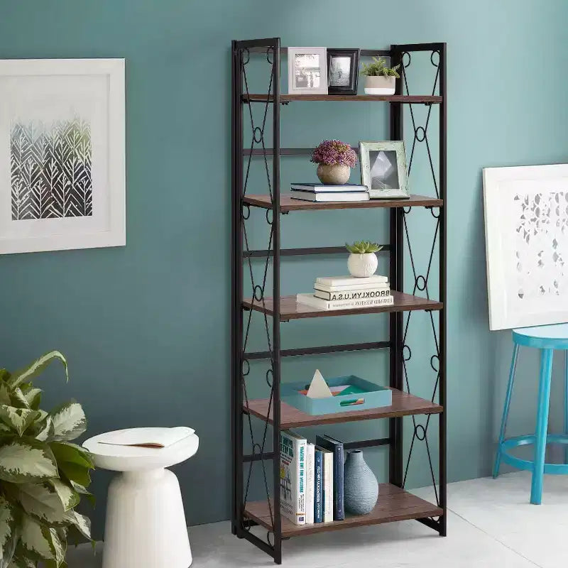Étagère pliable VECELO, bibliothèque pliable à 5 niveaux, étagère de rangement industrielle en métal pour salon ou chambre, marron