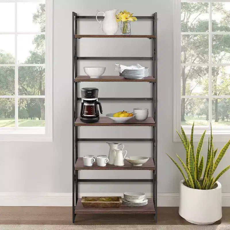 Étagère pliable VECELO, bibliothèque pliable à 5 niveaux, étagère de rangement industrielle en métal pour salon ou chambre, marron