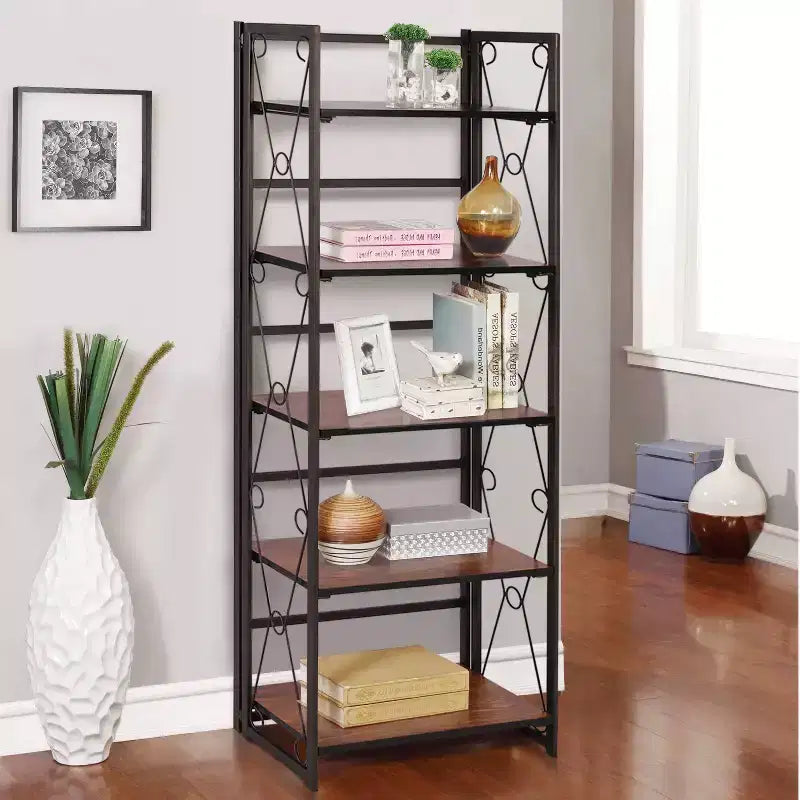 Étagère pliable VECELO, bibliothèque pliable à 5 niveaux, étagère de rangement industrielle en métal pour salon ou chambre, marron