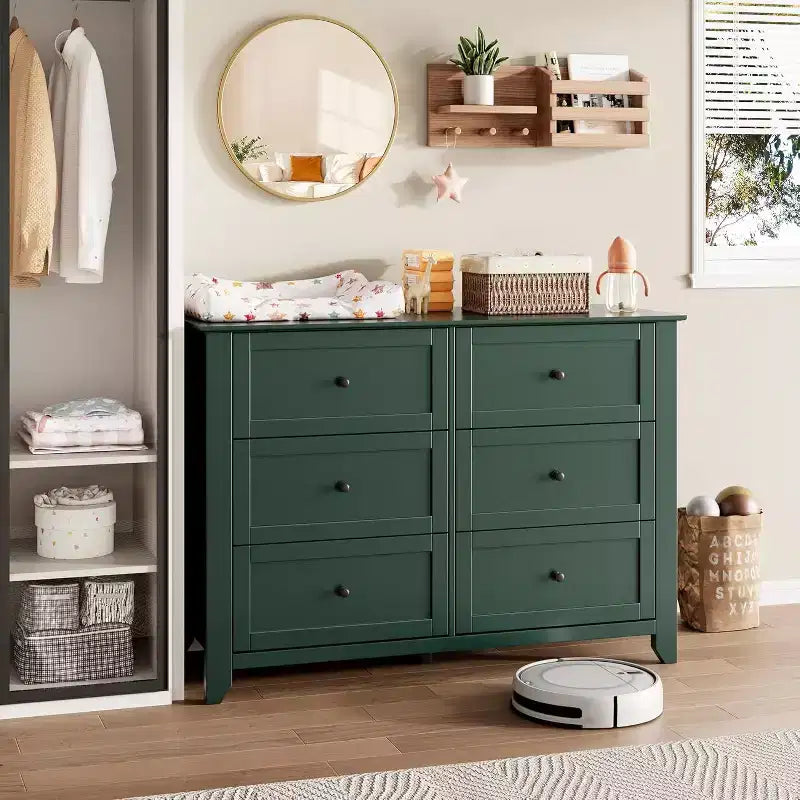 Commode Acekool 6 tiroirs, grande commode de rangement, tiroirs profonds, poignées, style moderne et rustique pour chambre à coucher, placard, salon, vert