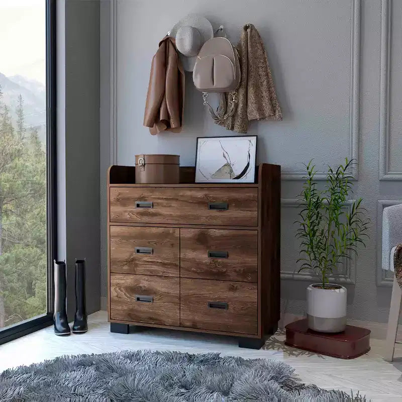Commode Okak pour chambre à coucher avec double tiroir et 4 tiroirs simples, meuble de rangement en bois pour salon et couloir