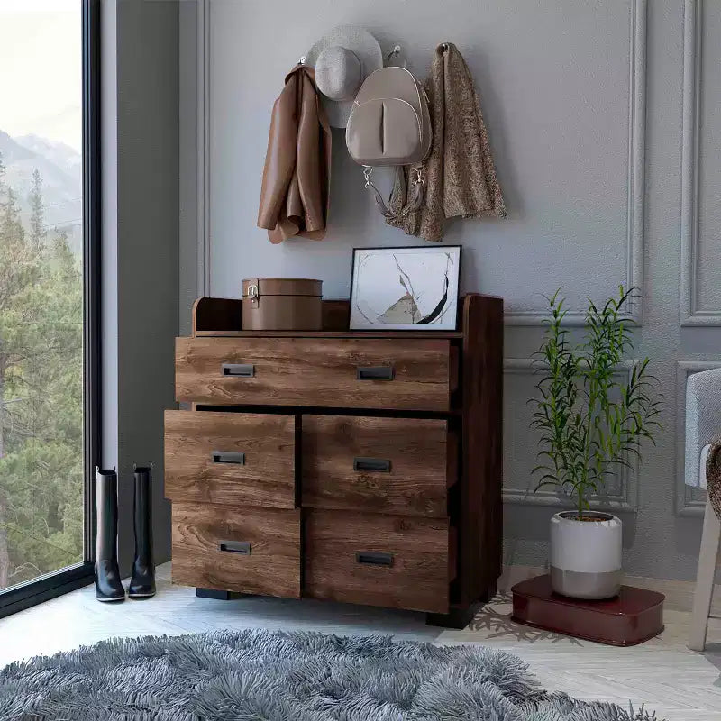 Commode Okak pour chambre à coucher avec double tiroir et 4 tiroirs simples, meuble de rangement en bois pour salon et couloir
