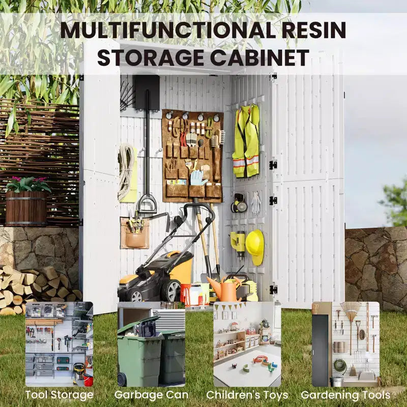 Abri de jardin en résine, 64 pieds cubes. Armoire de rangement extérieure étanche pour garage, outils, coussins de canapé, rangement extérieur