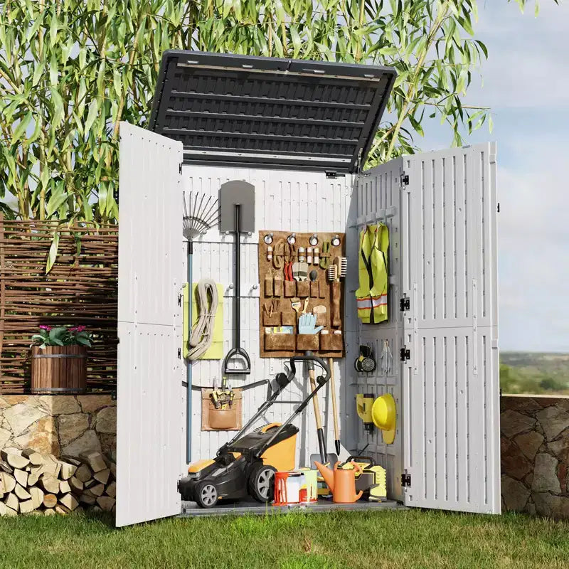 Abri de jardin en résine, 64 pieds cubes. Armoire de rangement extérieure étanche pour garage, outils, coussins de canapé, rangement extérieur