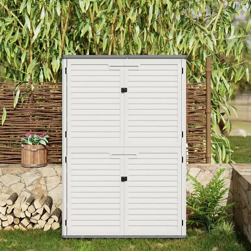 Abri de jardin en résine, 64 pieds cubes. Armoire de rangement extérieure étanche pour garage, outils, coussins de canapé, rangement extérieur