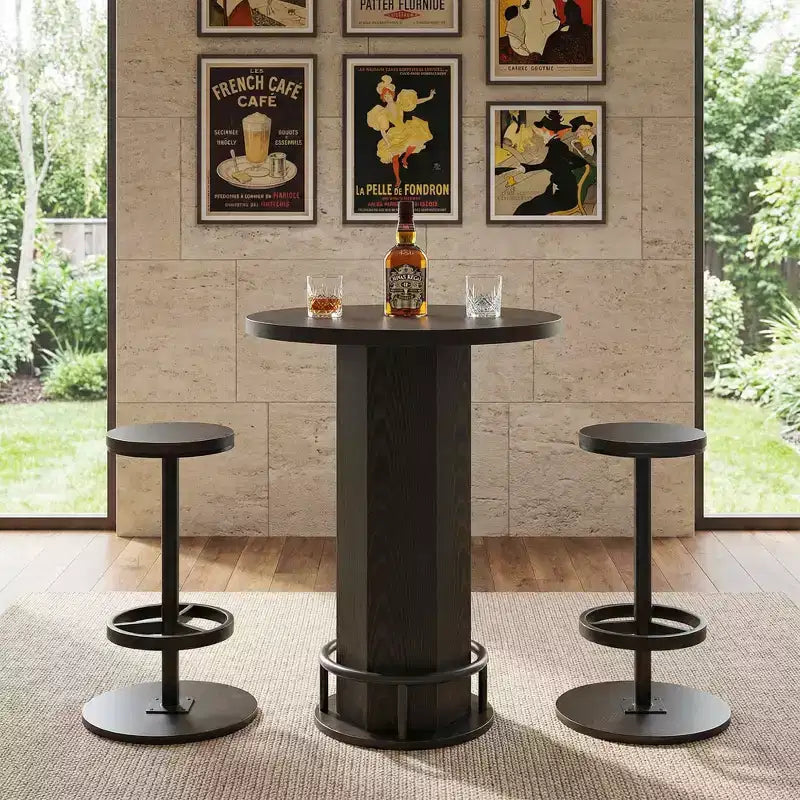 MAYEERTY Ensemble de table de bistrot moderne et rond de 60 cm de style ferme avec 2 tabourets, plateau rustique en MDF et base piédestal en métal, table haute de 96 cm avec repose-pieds