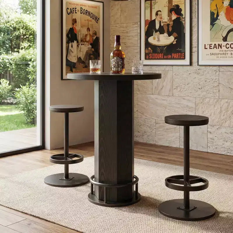 MAYEERTY Ensemble de table de bistrot moderne et rond de 60 cm de style ferme avec 2 tabourets, plateau rustique en MDF et base piédestal en métal, table haute de 96 cm avec repose-pieds
