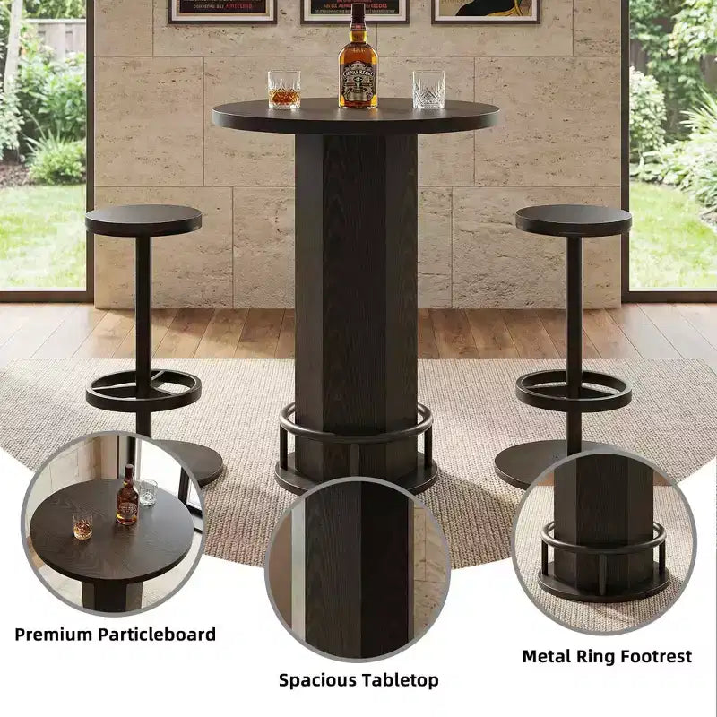 MAYEERTY Ensemble de table de bistrot moderne et rond de 60 cm de style ferme avec 2 tabourets, plateau rustique en MDF et base piédestal en métal, table haute de 96 cm avec repose-pieds