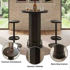 MAYEERTY Ensemble de table de bistrot moderne et rond de 60 cm de style ferme avec 2 tabourets, plateau rustique en MDF et base piédestal en métal, table haute de 96 cm avec repose-pieds