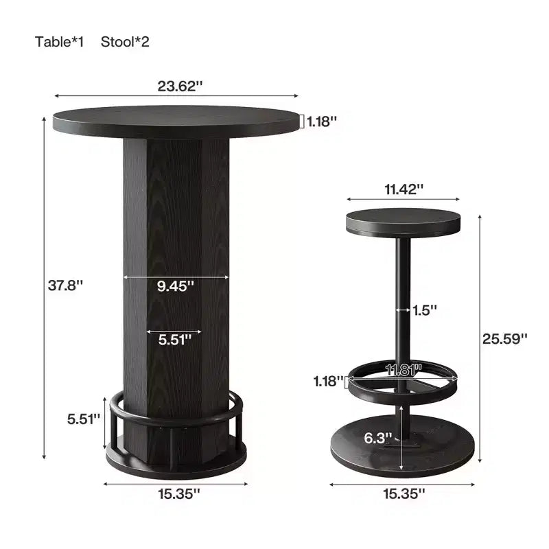 MAYEERTY Ensemble de table de bistrot moderne et rond de 60 cm de style ferme avec 2 tabourets, plateau rustique en MDF et base piédestal en métal, table haute de 96 cm avec repose-pieds