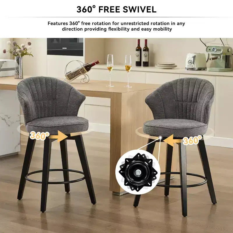 Zeus et Ruta, ensemble de 2 tabourets de bar pivotants à oreilles de 63,5 cm, avec revêtement en chenille, pieds en bois et hauteur réglable