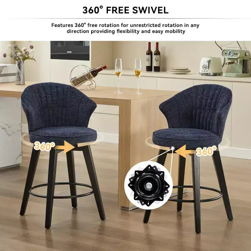 Zeus et Ruta, ensemble de 2 tabourets de bar pivotants à oreilles de 63,5 cm, avec revêtement en chenille, pieds en bois et hauteur réglable