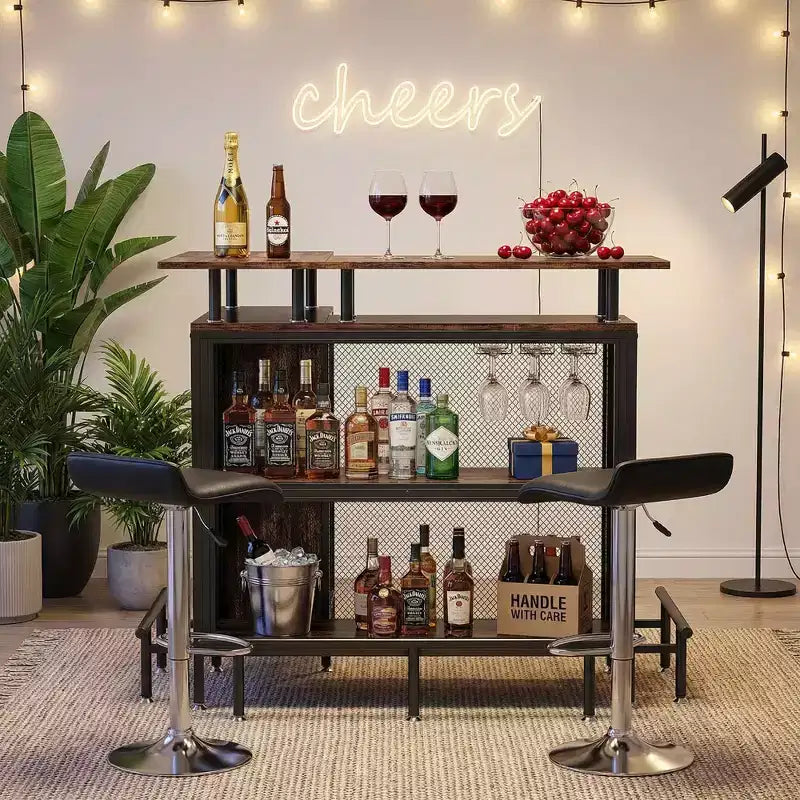 MAYEERTY Meuble de Bar d'Angle en L, Meuble de Rangement pour Alcool en Métal et MDF E1 avec 12 Supports de Verre à Vin et Repose-Pieds, Protection Bouteille en Treillis Métallique