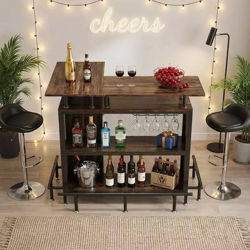 MAYEERTY Meuble de Bar d'Angle en L, Meuble de Rangement pour Alcool en Métal et MDF E1 avec 12 Supports de Verre à Vin et Repose-Pieds, Protection Bouteille en Treillis Métallique
