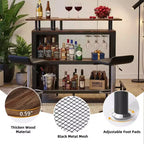 MAYEERTY Meuble de Bar d'Angle en L, Meuble de Rangement pour Alcool en Métal et MDF E1 avec 12 Supports de Verre à Vin et Repose-Pieds, Protection Bouteille en Treillis Métallique