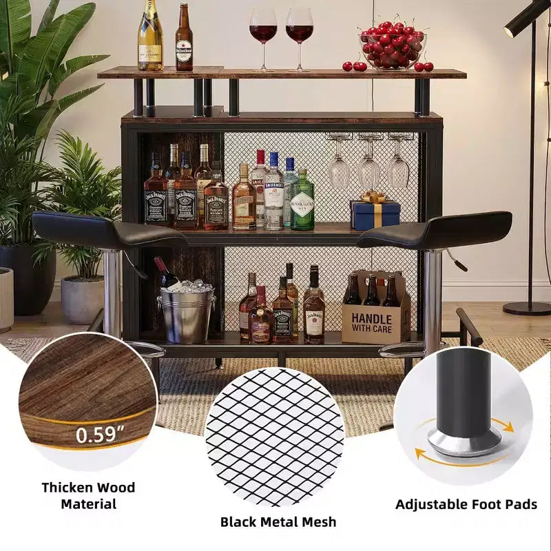 MAYEERTY Meuble de Bar d'Angle en L, Meuble de Rangement pour Alcool en Métal et MDF E1 avec 12 Supports de Verre à Vin et Repose-Pieds, Protection Bouteille en Treillis Métallique