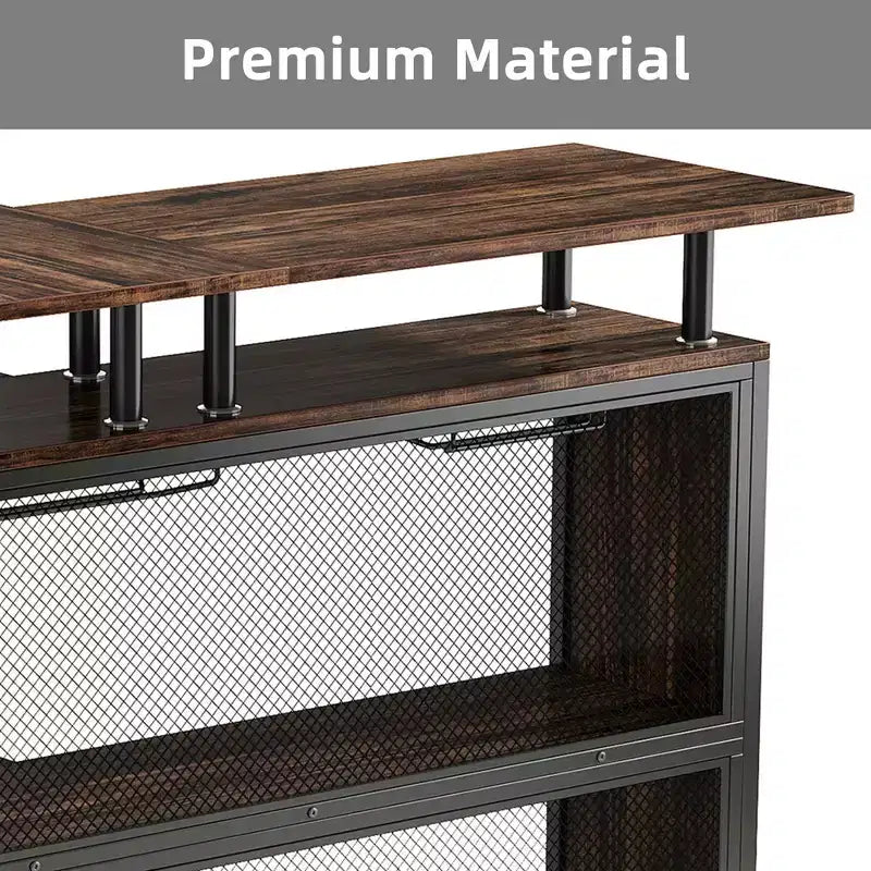 MAYEERTY Meuble de Bar d'Angle en L, Meuble de Rangement pour Alcool en Métal et MDF E1 avec 12 Supports de Verre à Vin et Repose-Pieds, Protection Bouteille en Treillis Métallique