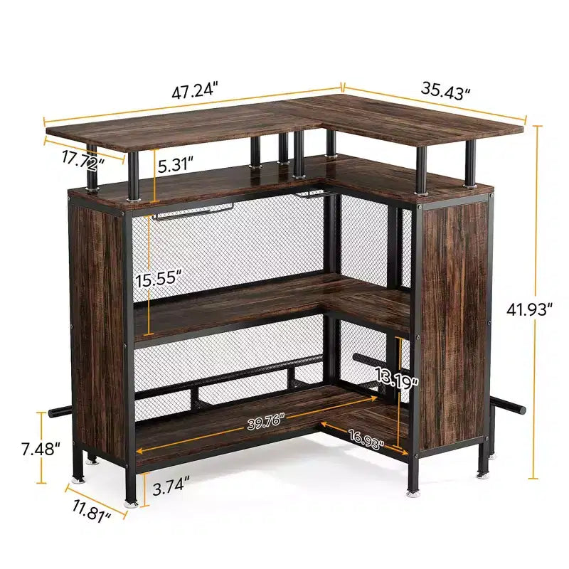 MAYEERTY Meuble de Bar d'Angle en L, Meuble de Rangement pour Alcool en Métal et MDF E1 avec 12 Supports de Verre à Vin et Repose-Pieds, Protection Bouteille en Treillis Métallique