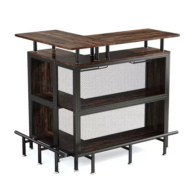 MAYEERTY Meuble de Bar d'Angle en L, Meuble de Rangement pour Alcool en Métal et MDF E1 avec 12 Supports de Verre à Vin et Repose-Pieds, Protection Bouteille en Treillis Métallique