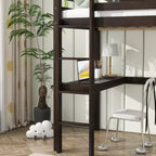 Lit mezzanine double en bois MATEERTY avec bureau intégré, garde-corps de sécurité, échelle, marron