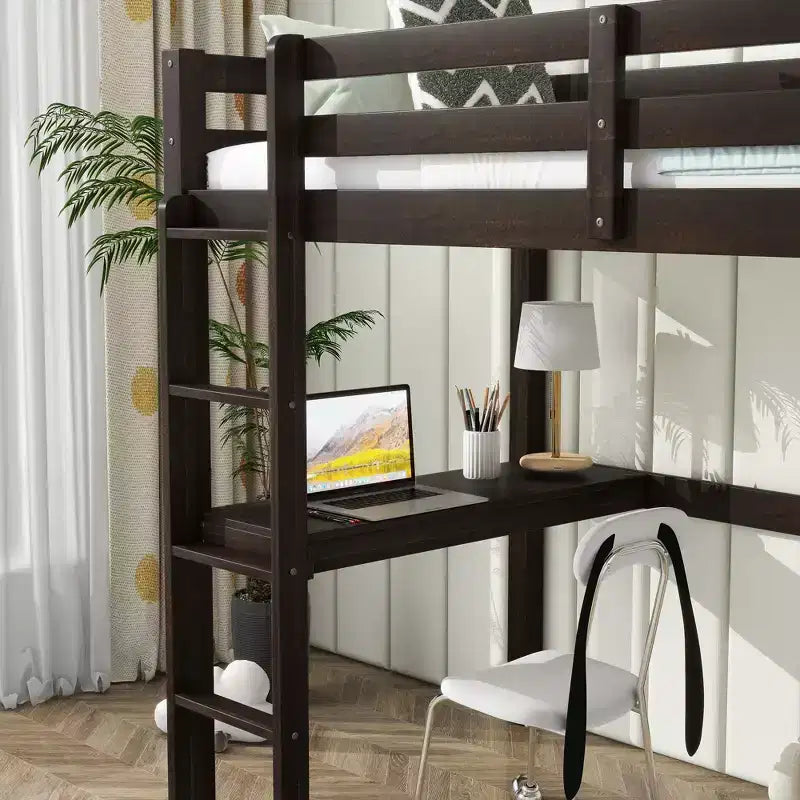 Lit mezzanine double en bois MATEERTY avec bureau intégré, garde-corps de sécurité, échelle, marron