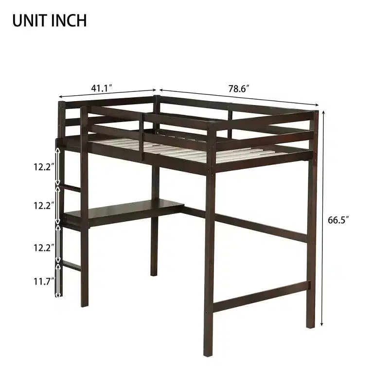 Lit mezzanine double en bois MATEERTY avec bureau intégré, garde-corps de sécurité, échelle, marron