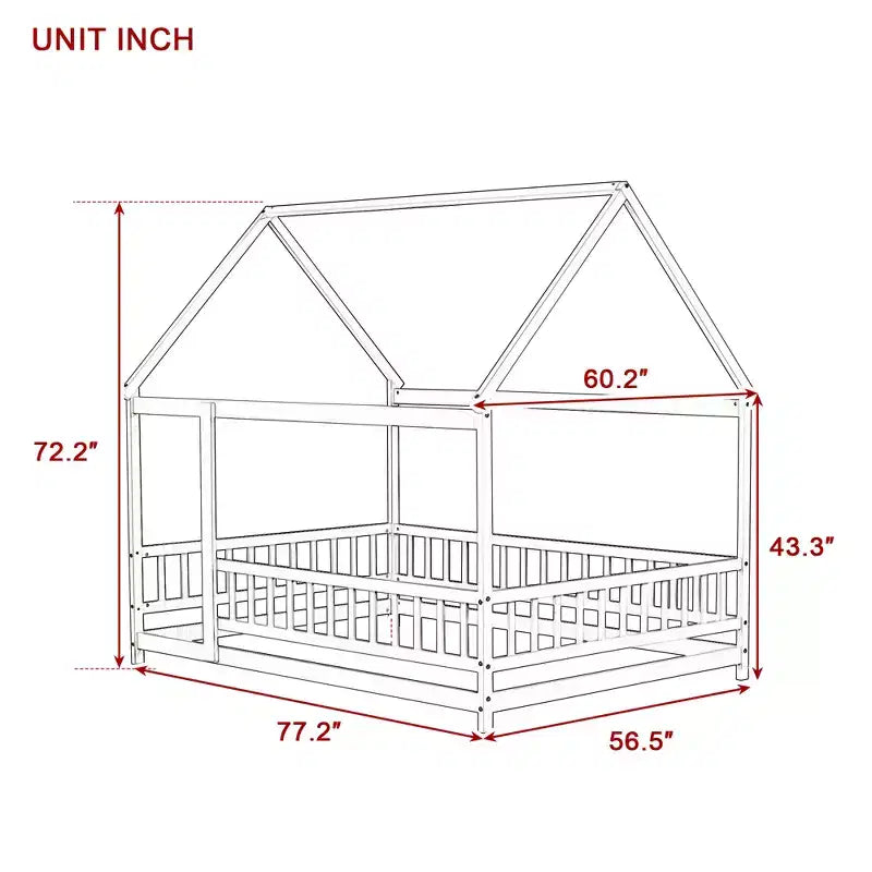 Lit en bois MAYEERTY Full House au sol avec cadres de lit au sol, barrières de sécurité, gris