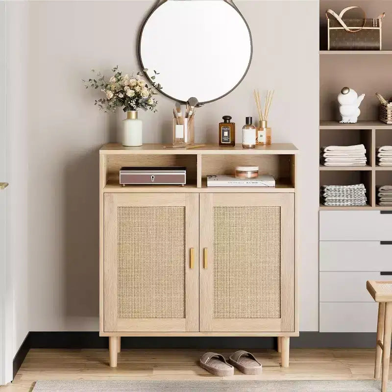 Buffets bahuts en rotin – Meuble de rangement à 2 portes avec étagère, moderne pour salle à manger, meuble de bar à café, 91,44 cm H